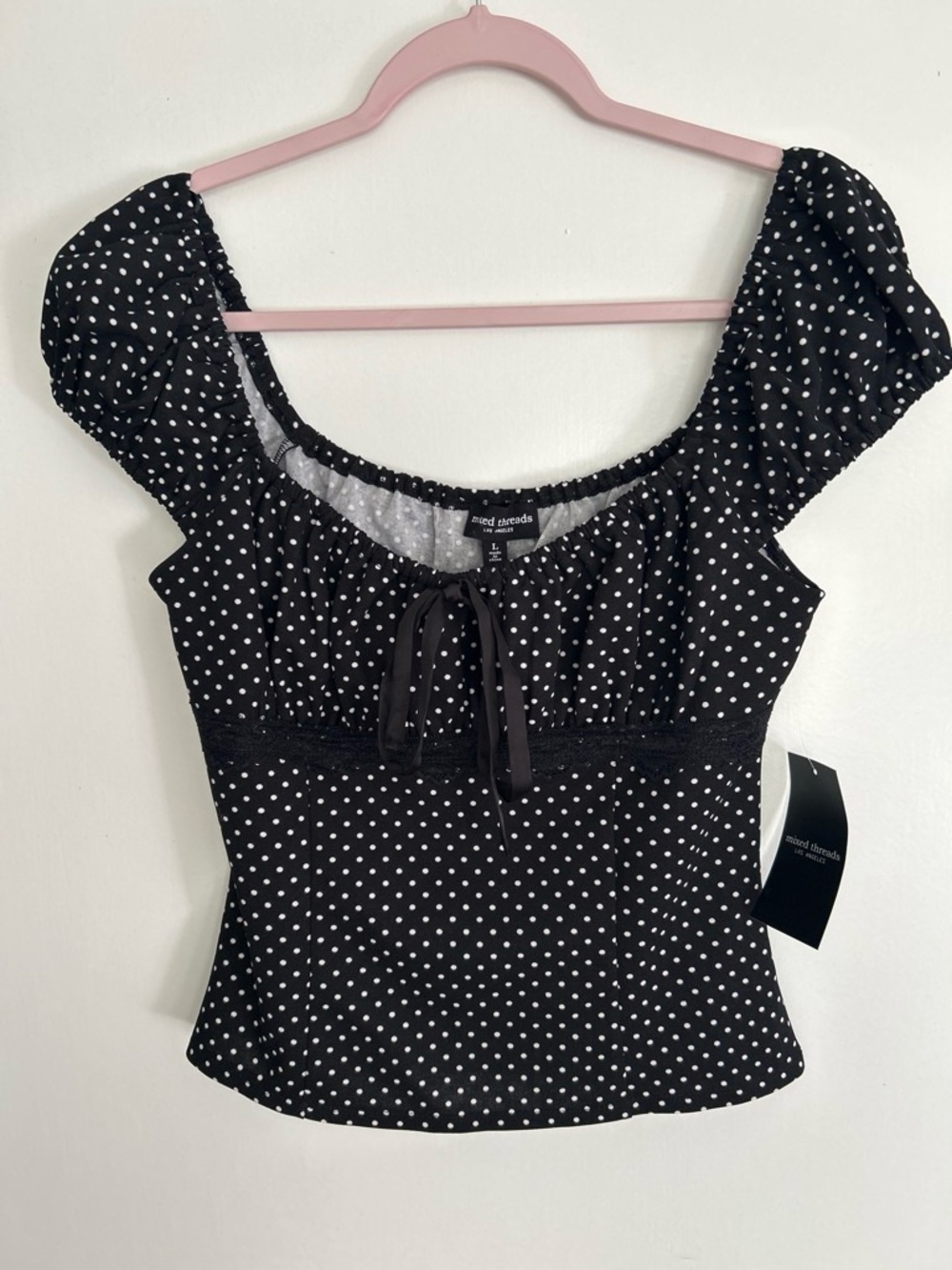 Mixed Threads, Polka Dot Puff Sleeve Tie-Front Blouse